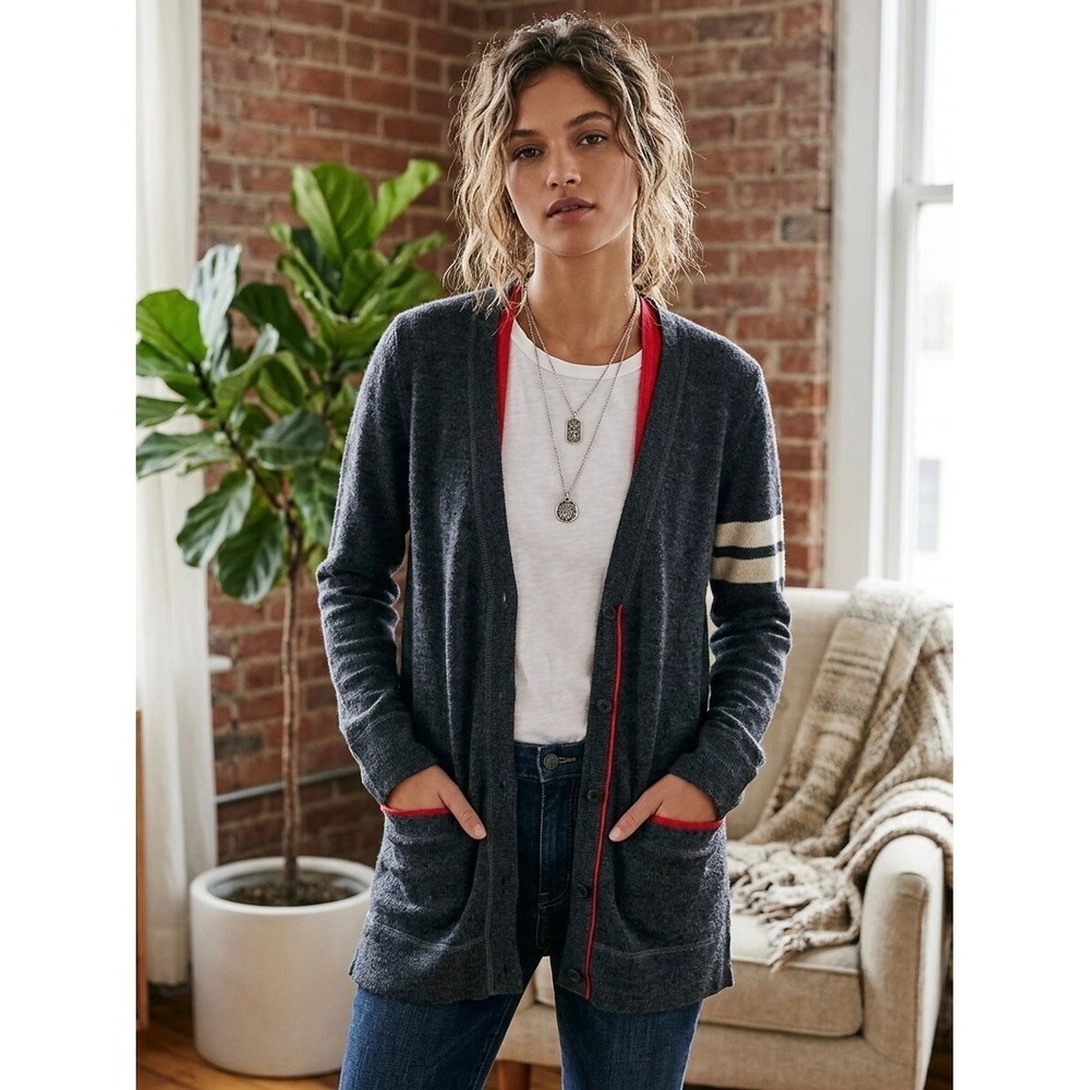 Free People Varsity Cardigan Gray Red Trim Wool Alpaca Blend Stripe Sleeve Small